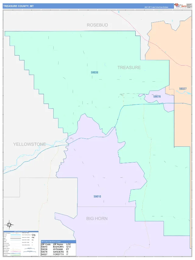 Treasure County, MT ZIP Code Wall Map, ColorCast style