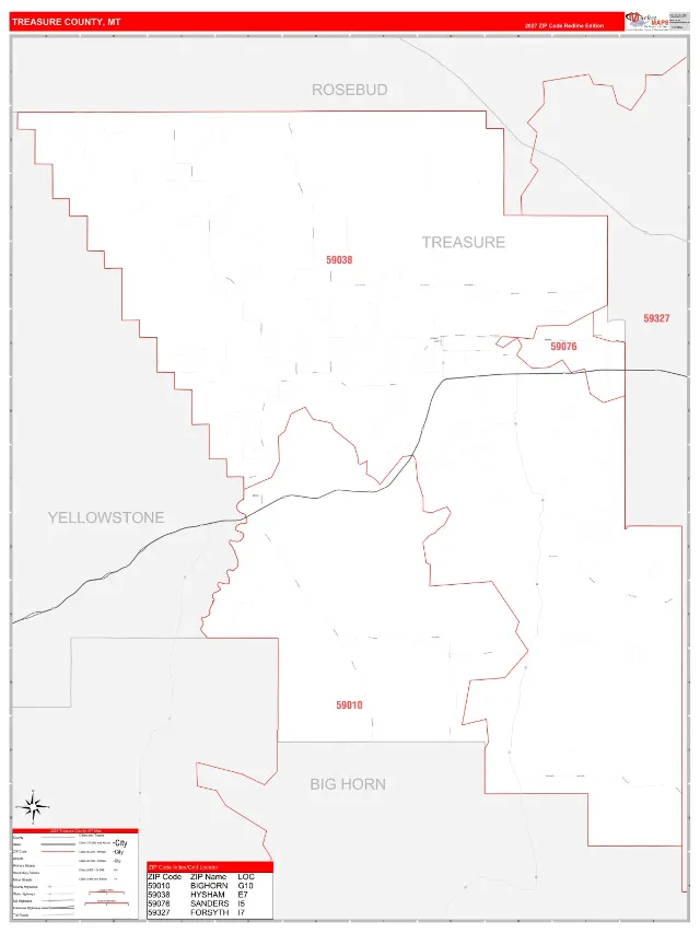 Treasure County, MT ZIP Code Wall Map, RedLine style