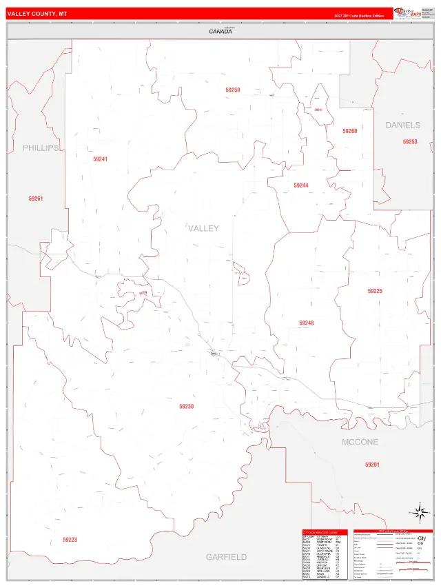 Valley County, MT ZIP Code Wall Map, RedLine style