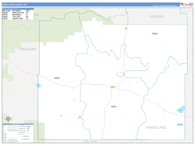 Wheatland County, MT ZIP Code Wall Map, Business Reference style