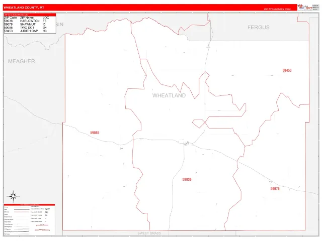Wheatland County, MT ZIP Code Wall Map, RedLine style