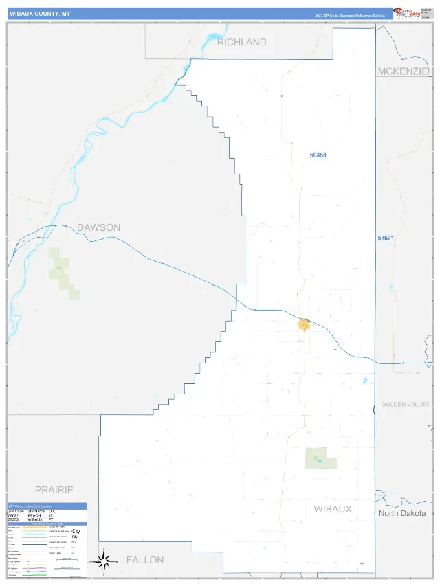 Wibaux County, MT ZIP Code Wall Map, Business Reference style