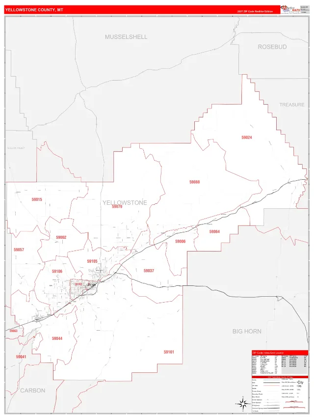 Yellowstone County, MT ZIP Code Wall Map, RedLine style