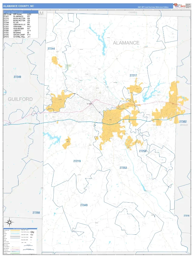 Alamance County, NC ZIP Code Wall Map, Business Reference style