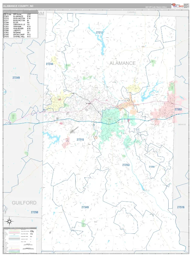 Alamance County, NC ZIP Code Wall Map, Classic style
