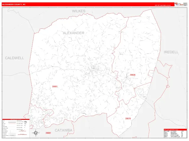 Alexander County, NC ZIP Code Wall Map, RedLine style