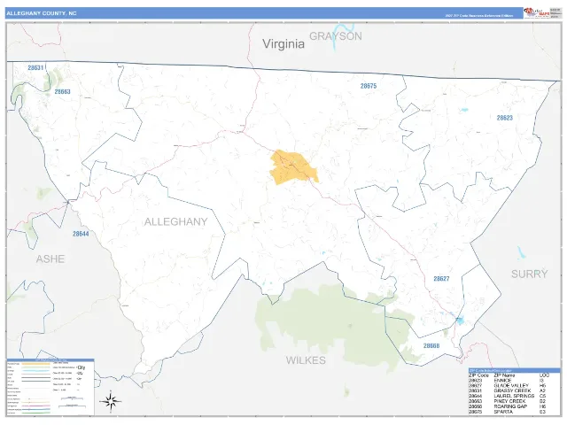 Alleghany County, NC ZIP Code Wall Map, Business Reference style