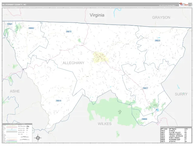 Alleghany County, NC ZIP Code Wall Map, Classic style