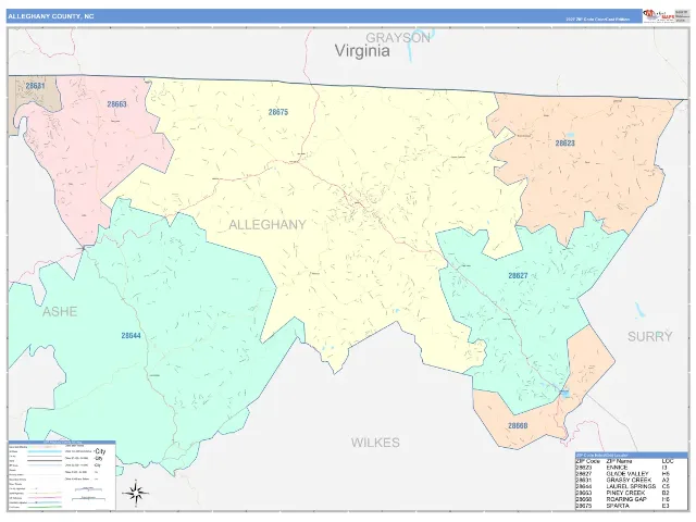 Alleghany County, NC ZIP Code Wall Map, ColorCast style