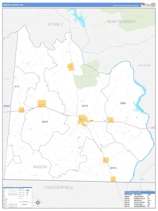 Anson County, NC ZIP Code Wall Map, Business Reference style