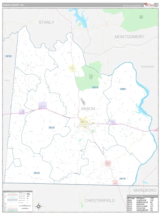 Anson County, NC ZIP Code Wall Map, Classic style