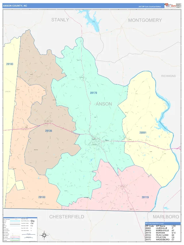 Anson County, NC ZIP Code Wall Map, ColorCast style