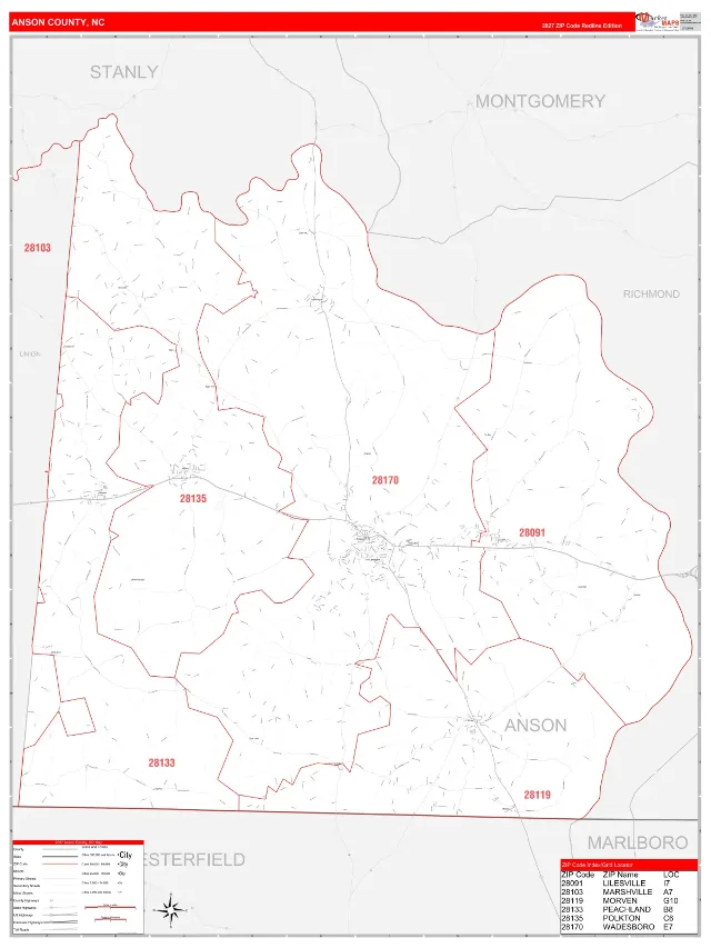 Anson County, NC ZIP Code Wall Map, RedLine style