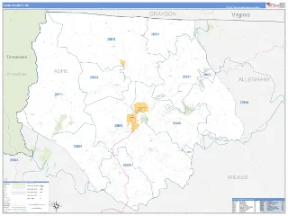 Ashe County, NC Business Reference style ZIP Code wall map