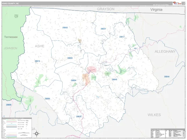 Ashe County, NC ZIP Code Wall Map, Classic style