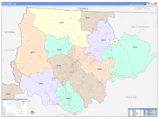 Ashe County, NC ColorCast style ZIP Code wall map