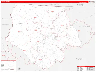Ashe County, NC RedLine style ZIP Code wall map