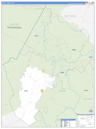Avery County, NC Business Reference style ZIP Code wall map