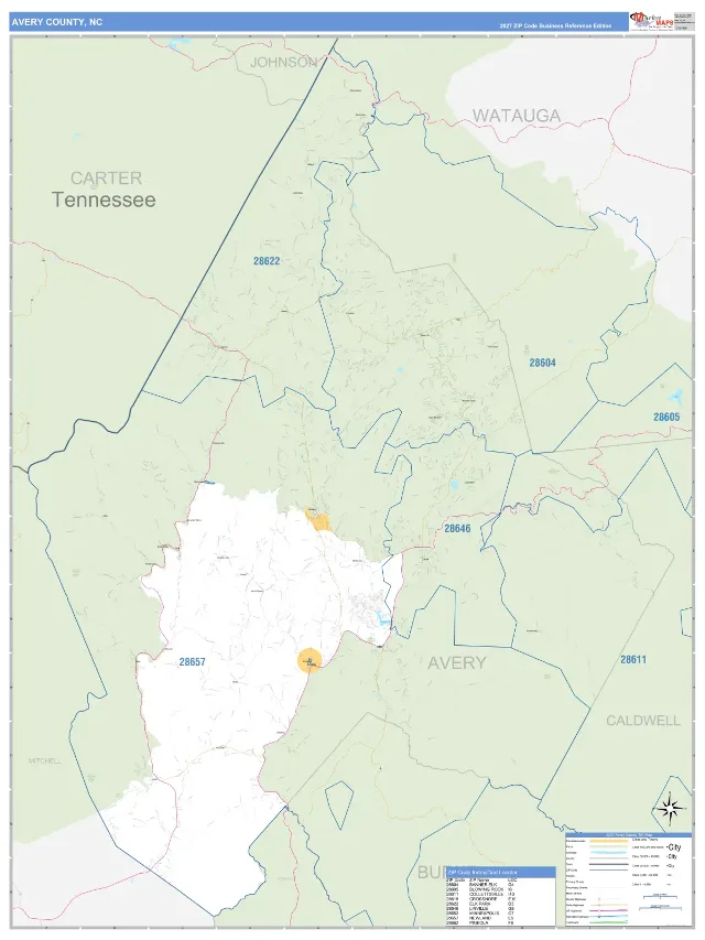Avery County, NC ZIP Code Wall Map, Business Reference style