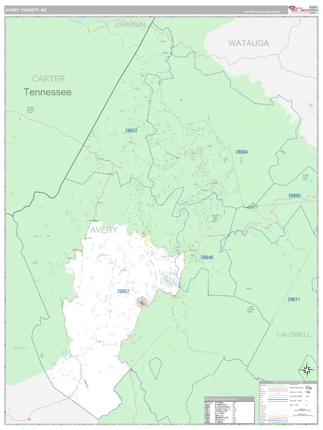 Avery County, NC ZIP Code Wall Map, Classic style