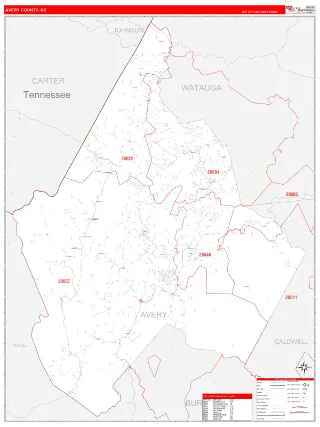 Avery County, NC RedLine style ZIP Code wall map