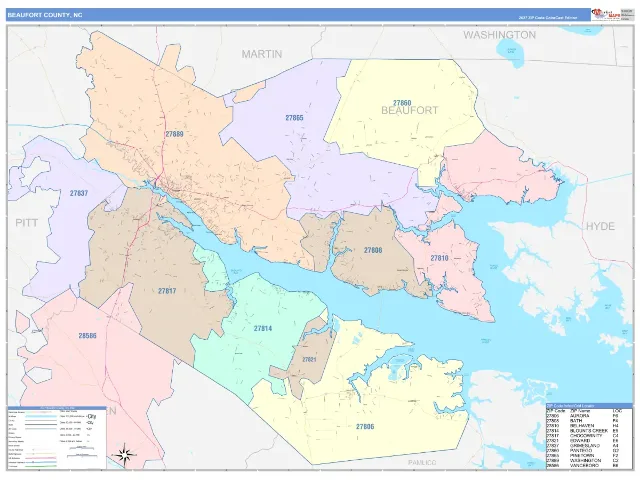 Beaufort County, NC ZIP Code Wall Map, ColorCast style