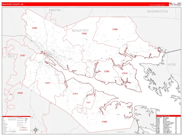 Beaufort County, NC ZIP Code Wall Map, RedLine style