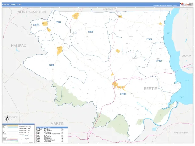Bertie County, NC ZIP Code Wall Map, Business Reference style