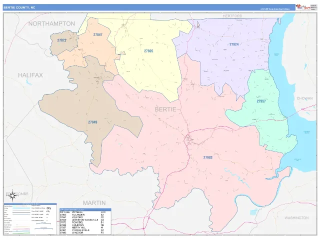Bertie County, NC ZIP Code Wall Map, ColorCast style