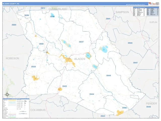 Bladen County, NC ZIP Code Wall Map, Business Reference style