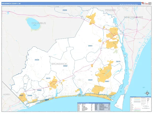 Brunswick County, NC ZIP Code Wall Map, Business Reference style