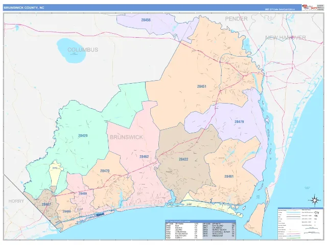 Brunswick County, NC ZIP Code Wall Map, ColorCast style