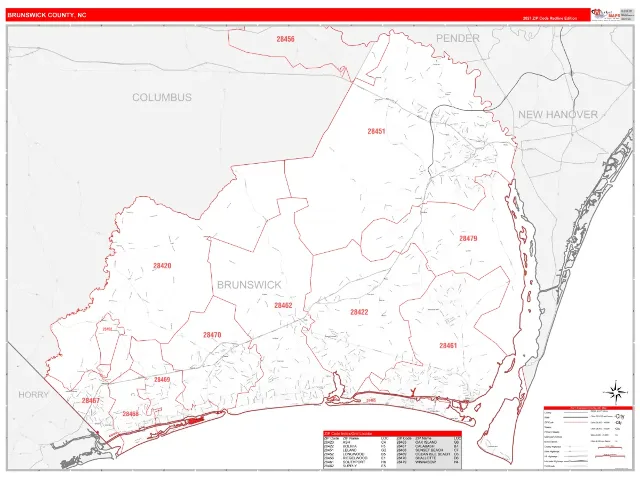 Brunswick County, NC ZIP Code Wall Map, RedLine style