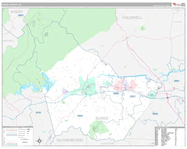 Burke County, NC ZIP Code Wall Map, Classic style