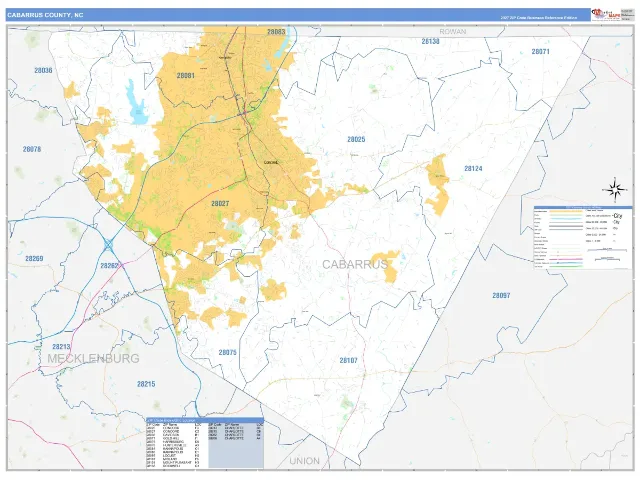Cabarrus County, NC ZIP Code Wall Map, Business Reference style