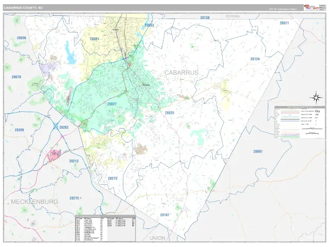 Cabarrus County, NC ZIP Code Wall Map, Classic style