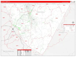 Cabarrus County, NC RedLine style ZIP Code wall map