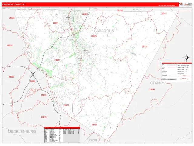 Cabarrus County, NC ZIP Code Wall Map, RedLine style