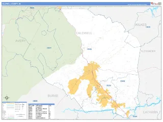 Caldwell County, NC Business Reference style ZIP Code wall map