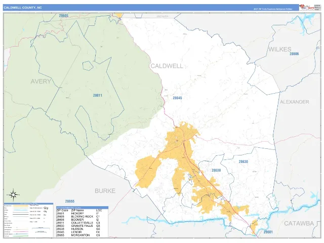 Caldwell County, NC ZIP Code Wall Map, Business Reference style