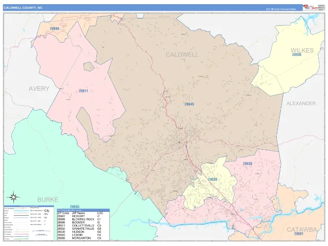 Caldwell County, NC ZIP Code Wall Map, ColorCast style