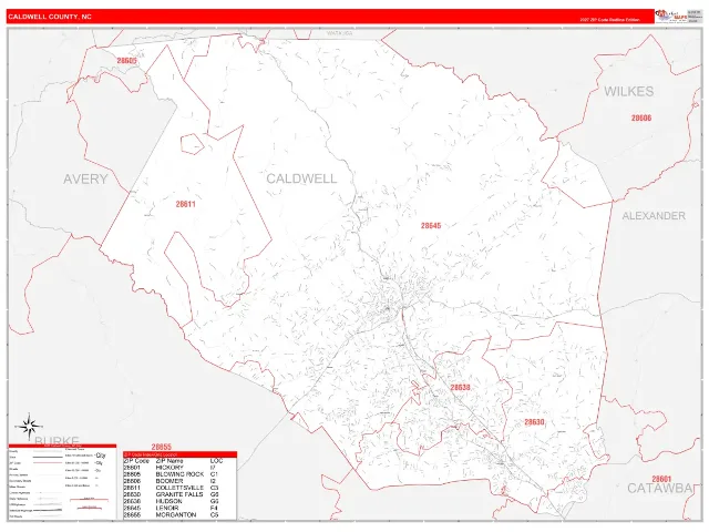 Caldwell County, NC ZIP Code Wall Map, RedLine style
