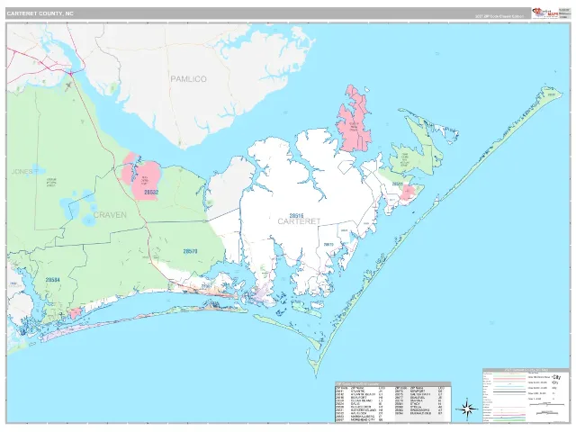 Carteret County, NC ZIP Code Wall Map, Classic style