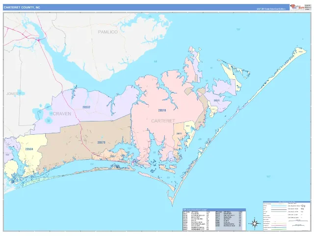 Carteret County, NC ZIP Code Wall Map, ColorCast style