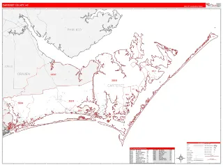 Carteret County, NC RedLine style ZIP Code wall map
