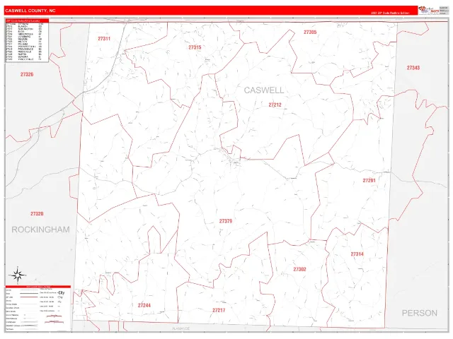 Caswell County, NC ZIP Code Wall Map, RedLine style
