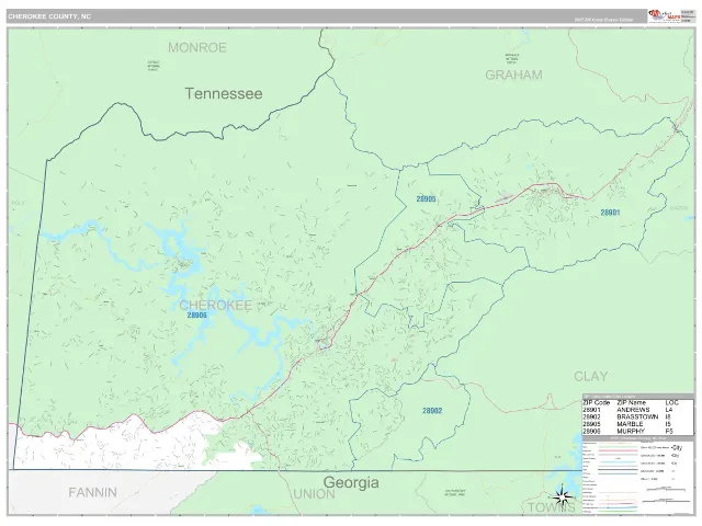 Cherokee County, NC ZIP Code Wall Map, Classic style