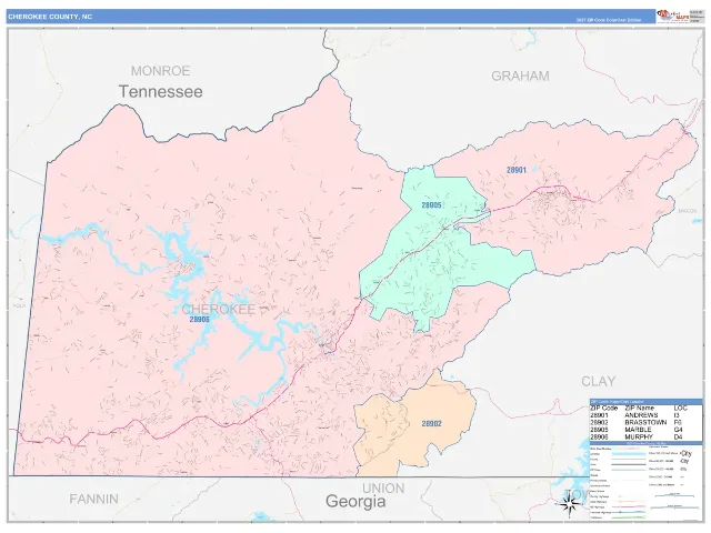 Cherokee County, NC ZIP Code Wall Map, ColorCast style