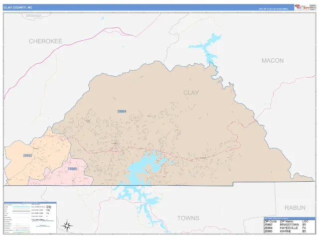 Clay County, NC ZIP Code Wall Map, ColorCast style