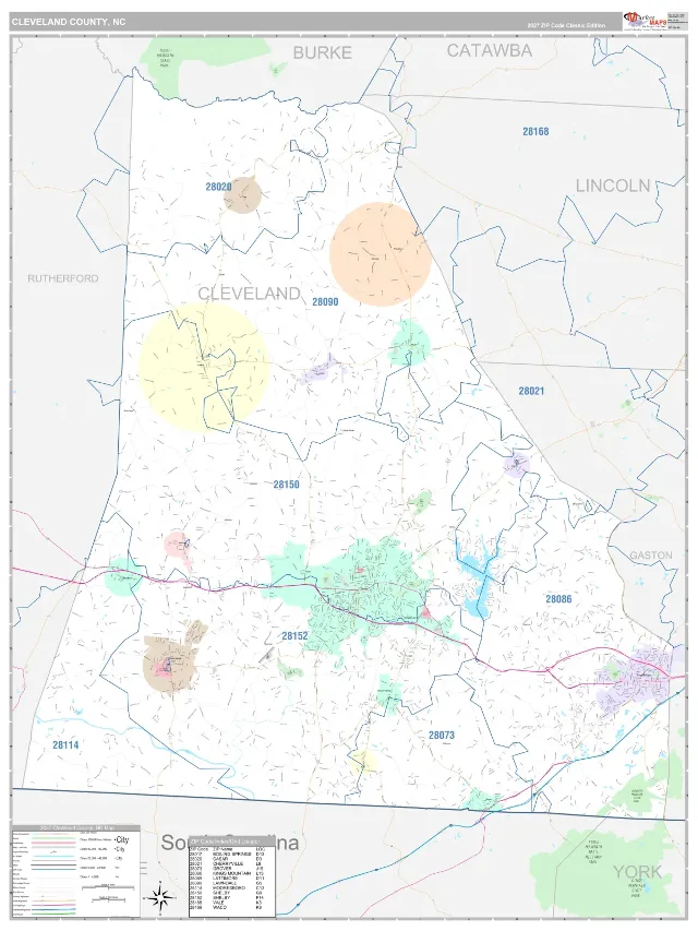 Cleveland County, NC ZIP Code Wall Map, Classic style